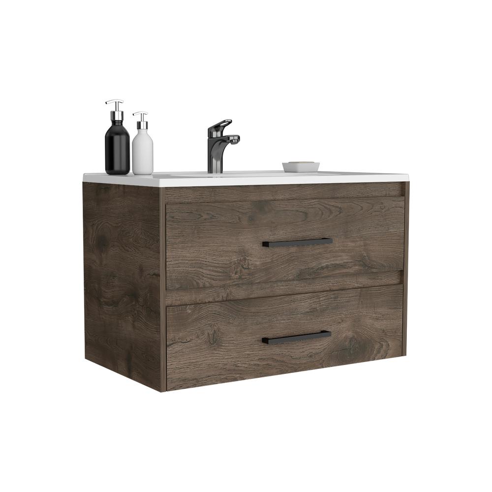 Cardova Floating Vanity Bathroom with 2-Drawers, Dark Brown / White. Picture 4