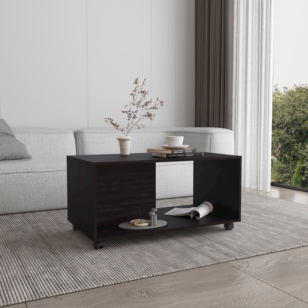 Denton Coffee Table, 4 Wheels, 1 Shelf, Black. Picture 6