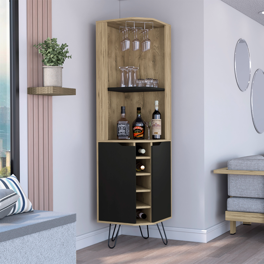 Depot E-Shop Bursan Corner Cabinet Six Built-in Wine Rack, Two Shelves, Four Shelves, Macadamia / Black. Picture 2