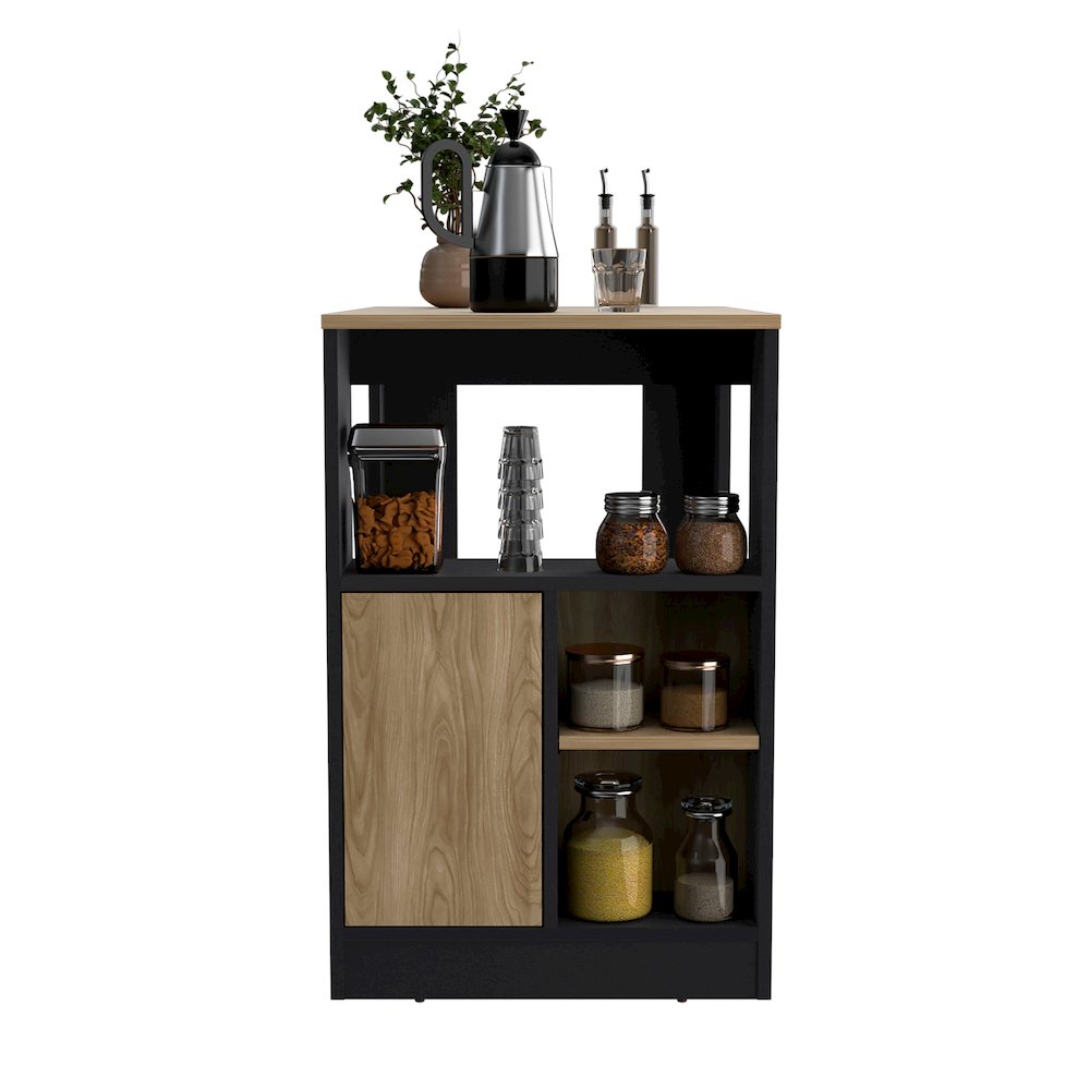 Kitchen Island 36" H, Three Shelves and One Cabinet,  Black / Natural Oak. Picture 1