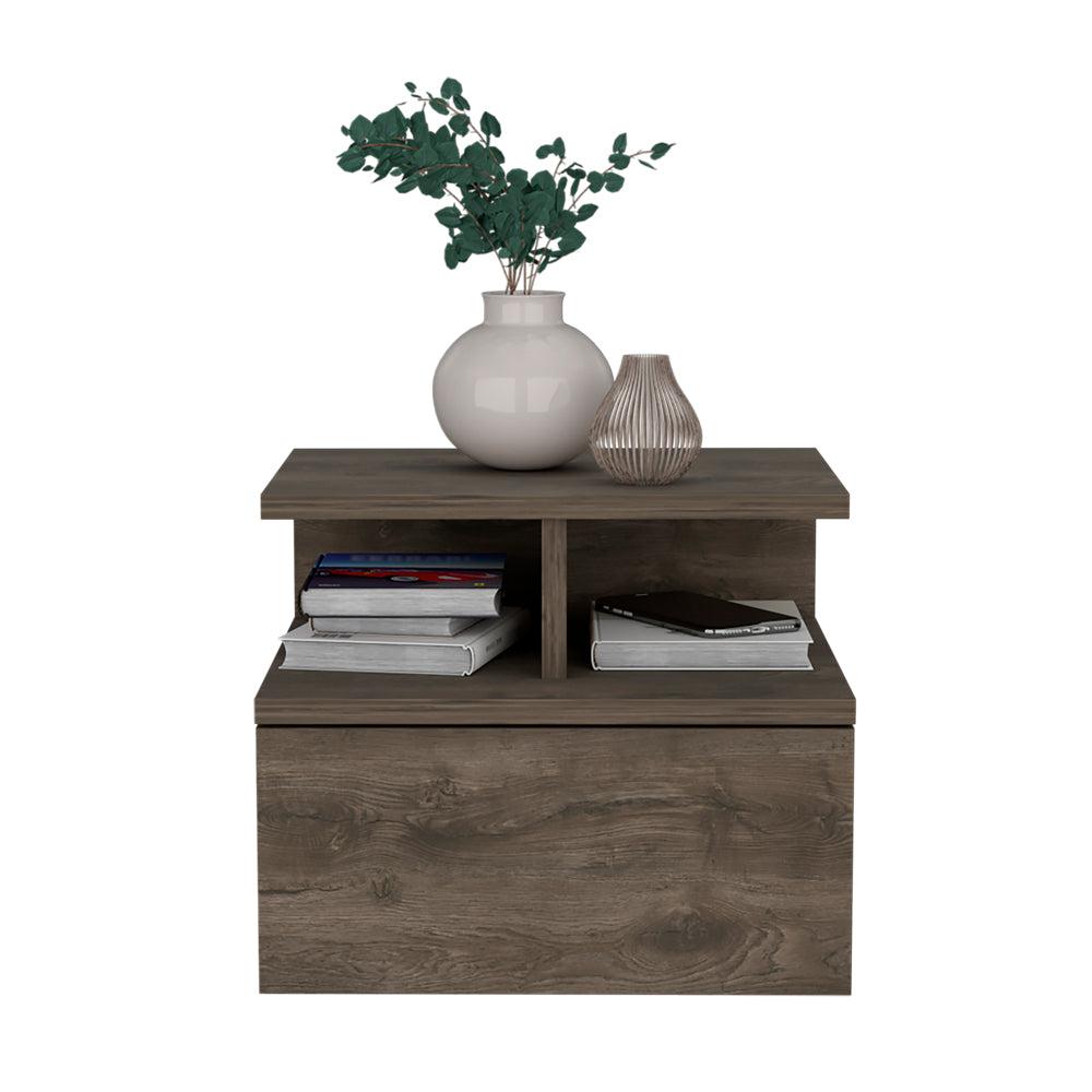 Nightstand, Wall Mounted with Single Drawer and 2-Tier Shelf, Dark Walnut. Picture 4