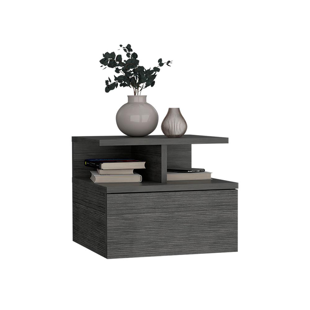Nightstand, Wall Mounted Single Drawer and 2-Tier Shelf, Smokey Oak -Bedroom. Picture 4