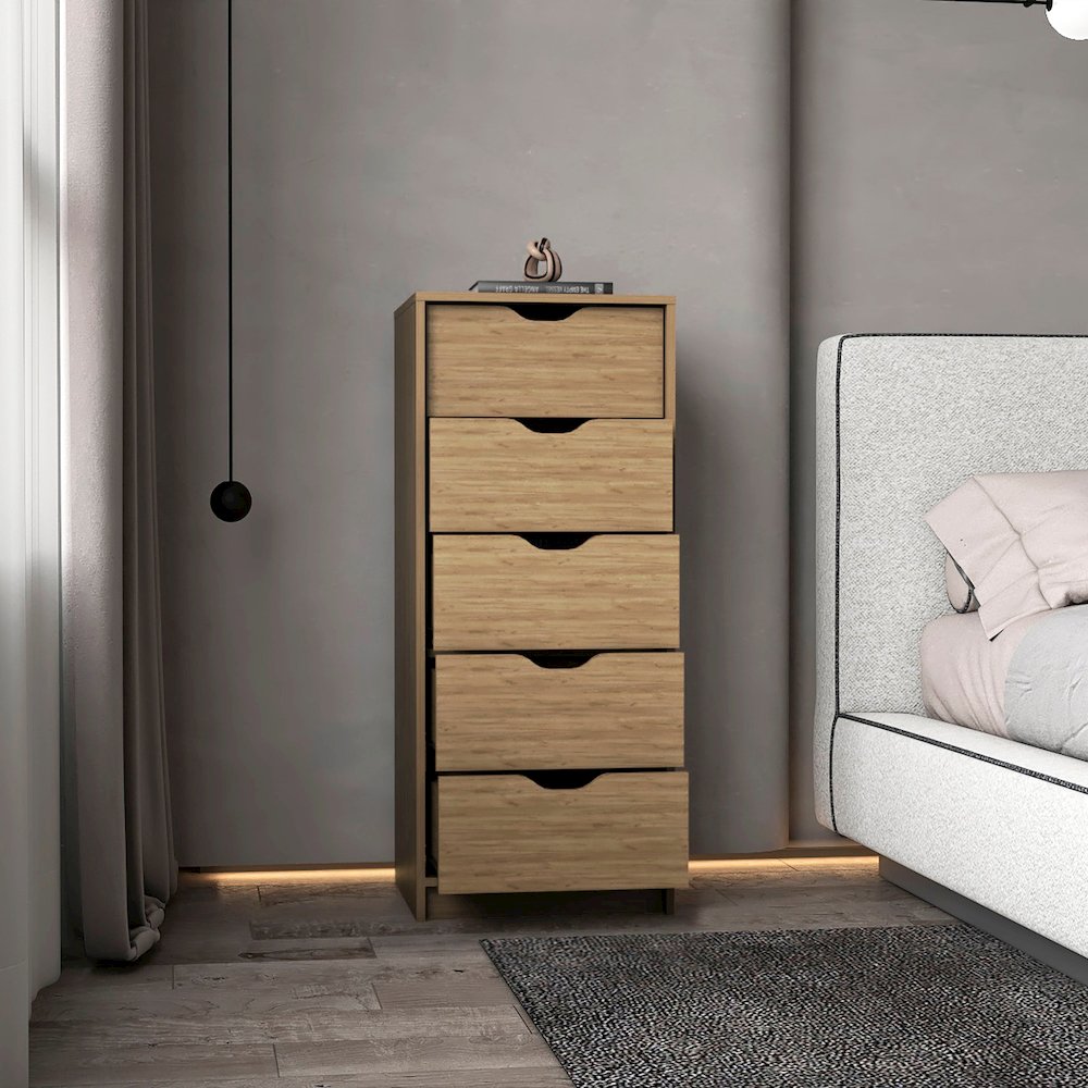 Houma 5 Drawers Narrow Dresser, Slim Storage Chest of Drawers, Natural Oak. Picture 8