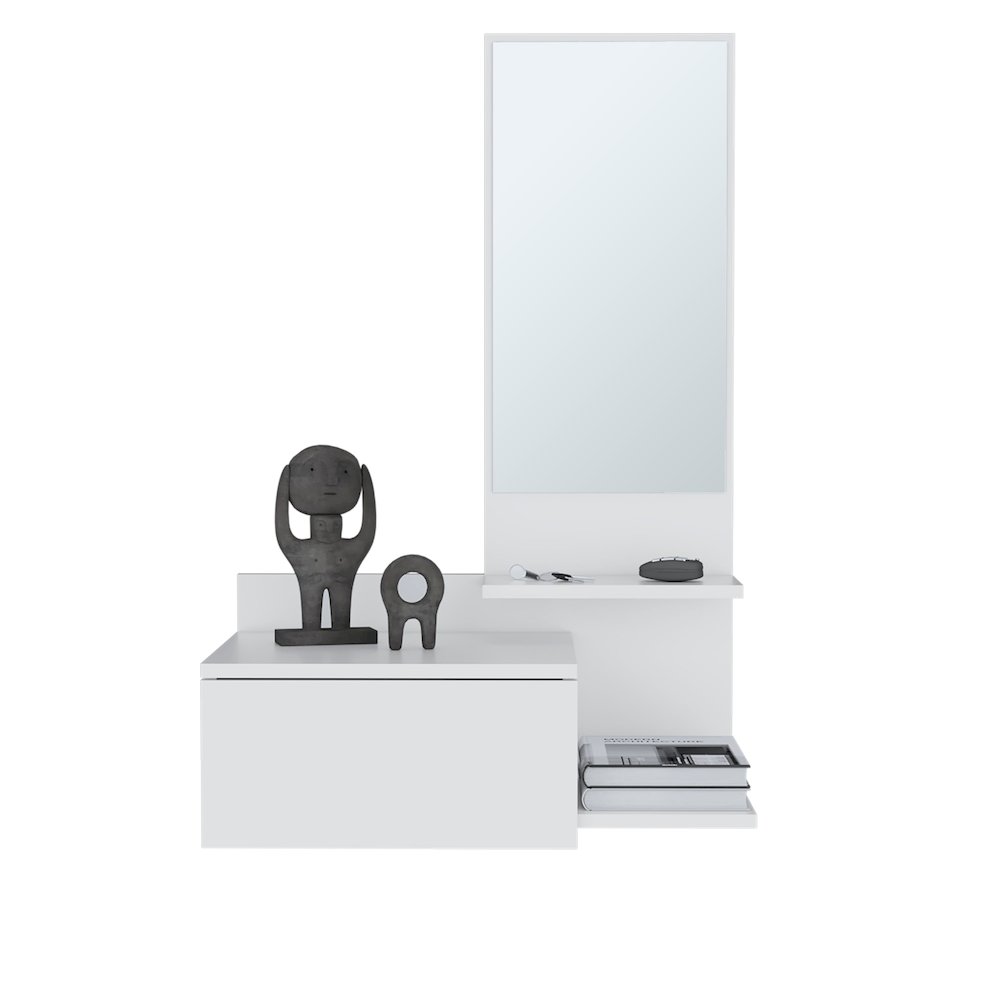Sitka Floating Hallway Cabinet, 1 Drawer, 3 Shelves, 1 Mirror, White. Picture 3