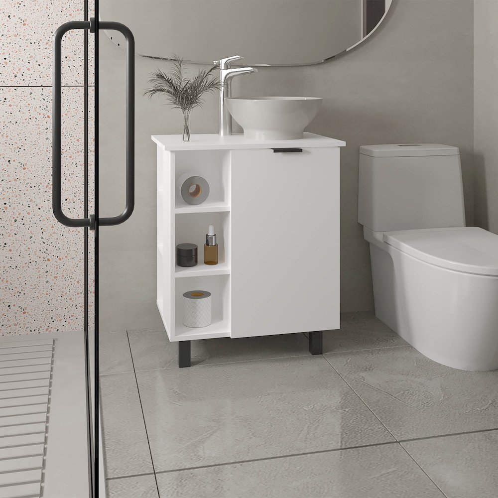 Dobson Vanity Sink, 1 Door, 4 Legs, 5 Shelves, White. Picture 7