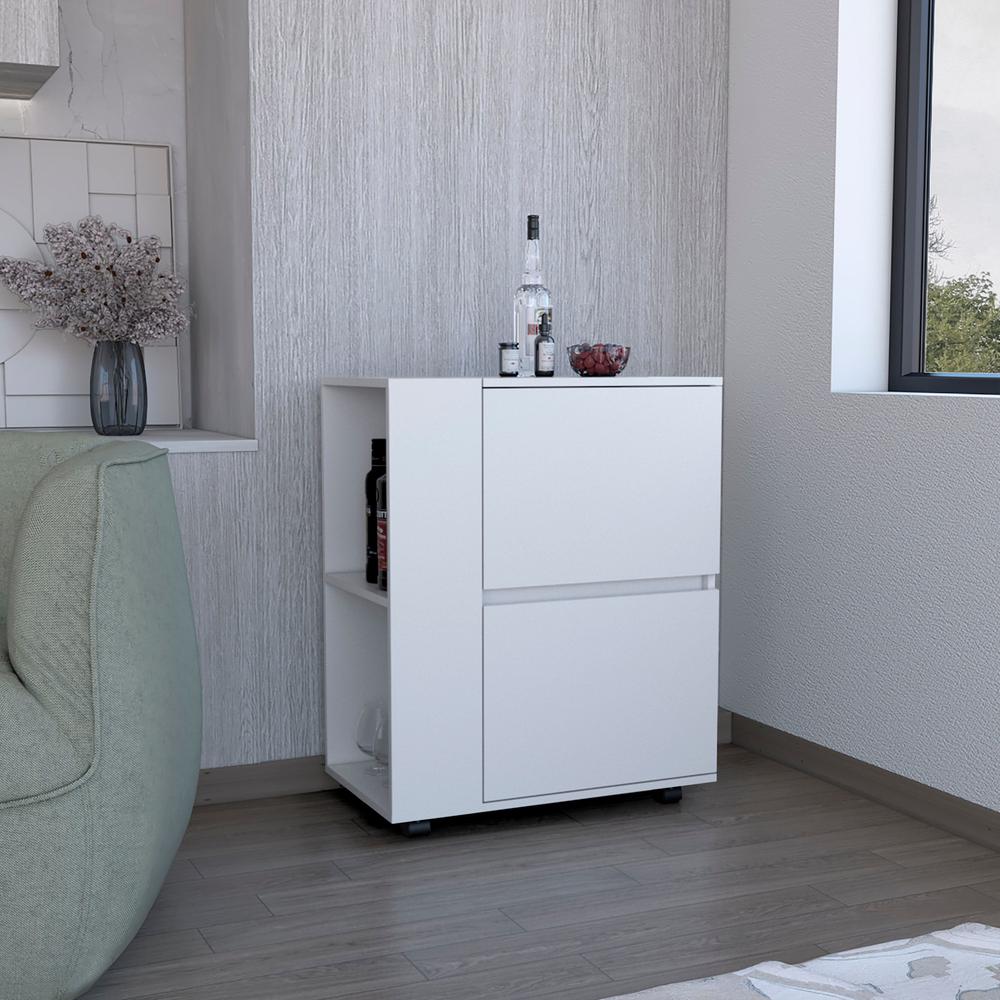 Tully Bar Cart Two Pull-Down Door Cabinets and Two Open Shelves,White. Picture 6