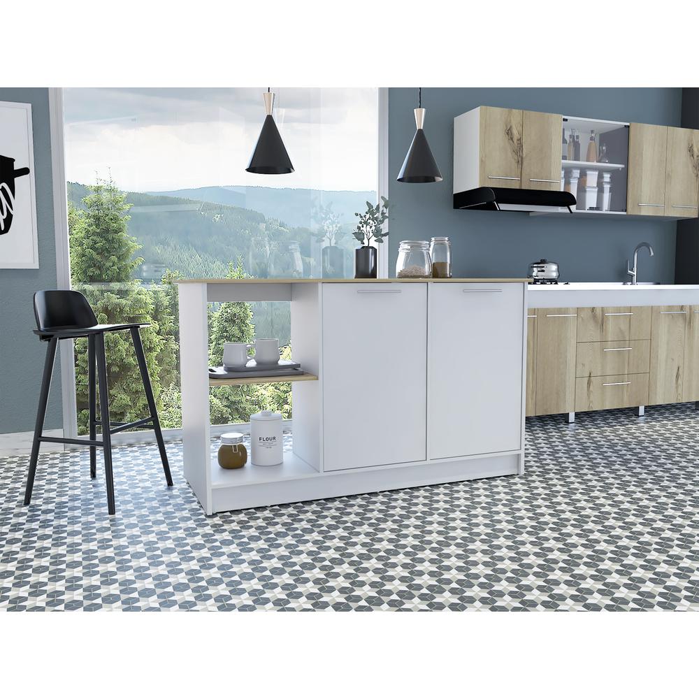 DEPOT E-SHOP Coral Kitchen Island, Two Cabinets, Countertop, Four Open Shelves-Light Oak/White, For Bathroom. Picture 5