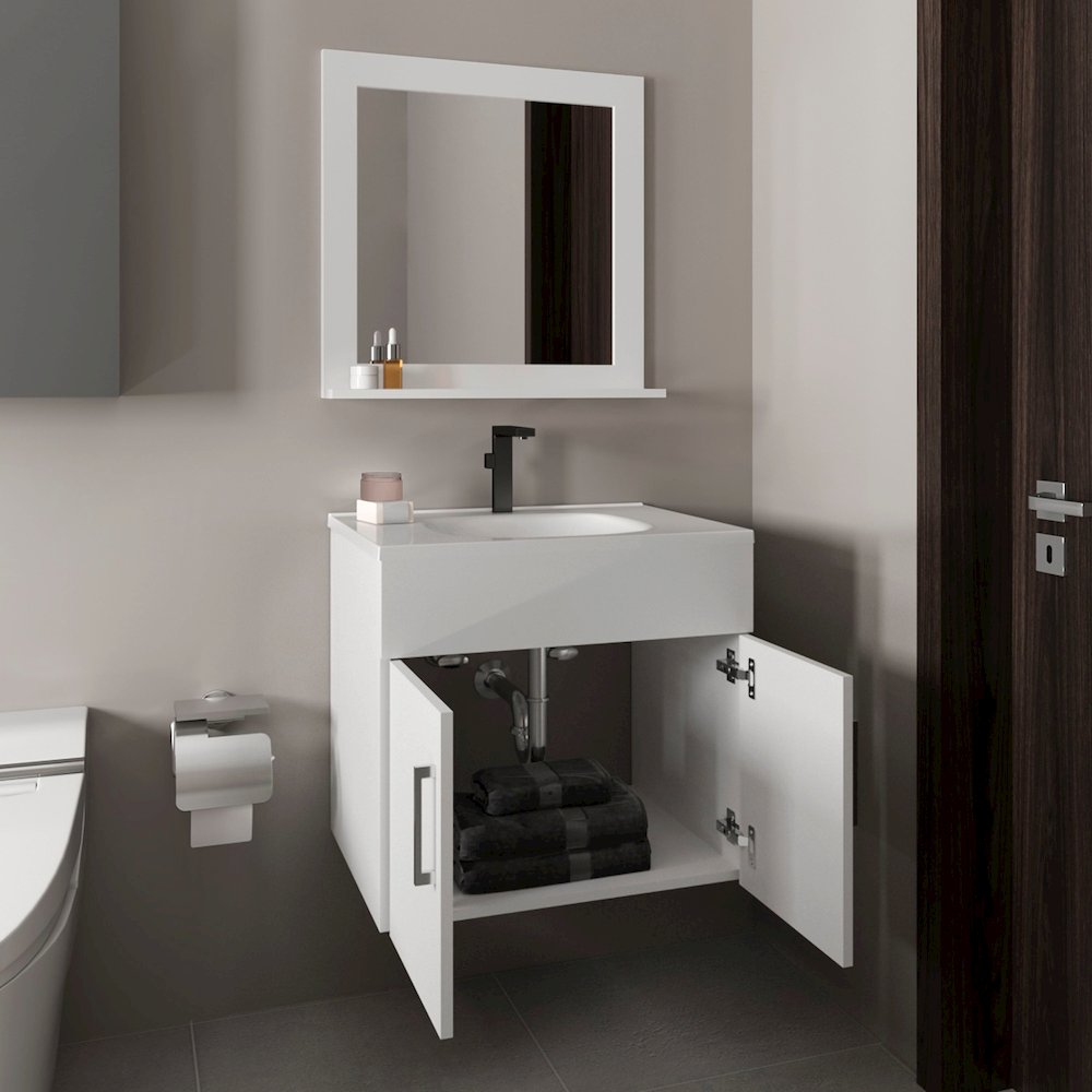 Jette Bathroom Set, Vanity Sink + Mirror, 2 Doors, 1 Shelf, 1 Mirror, White. Picture 8