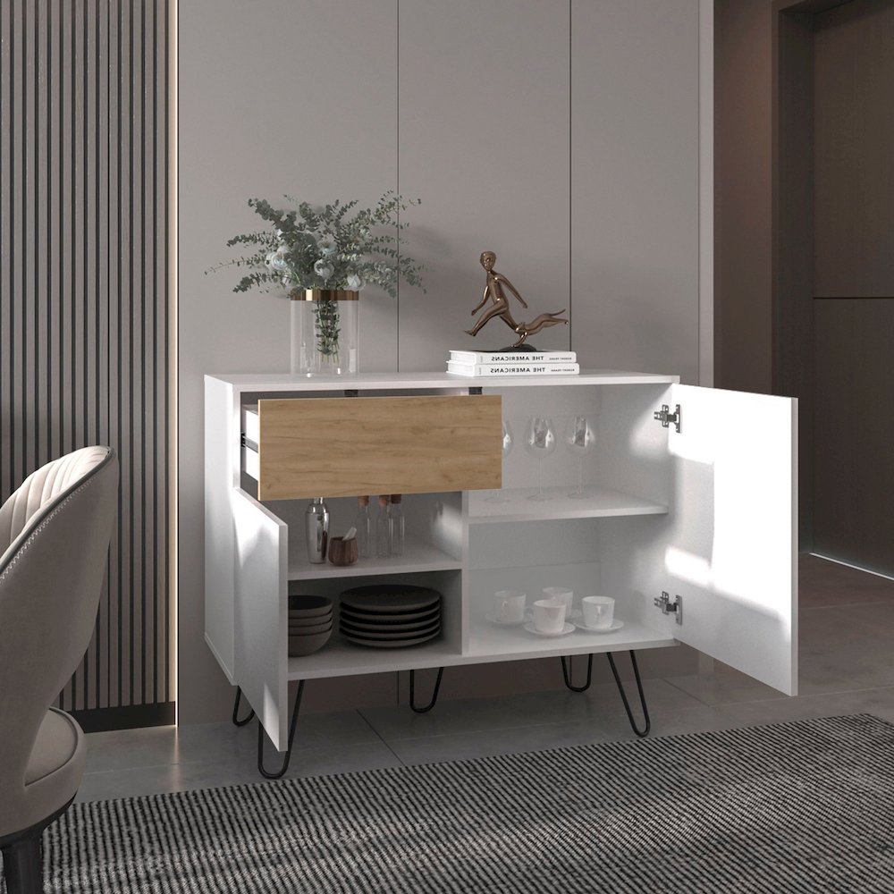 Chelan Sideboard, 2 Doors, 1 Drawer, 4 Shelves, White / Natural Oak. Picture 7