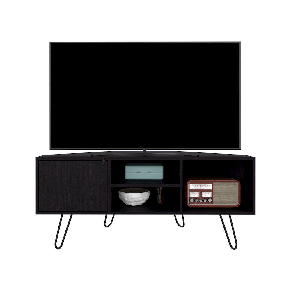 Jenks TV Stand, 1 Door, 3 Shelves, 4 Legs, Black. Picture 1