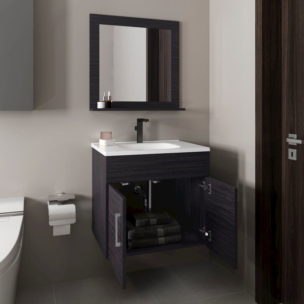 Jette Bathroom Set, Vanity Sink, 2 Doors, 1 Shelf, 1 Mirror, Black Wengue. Picture 8