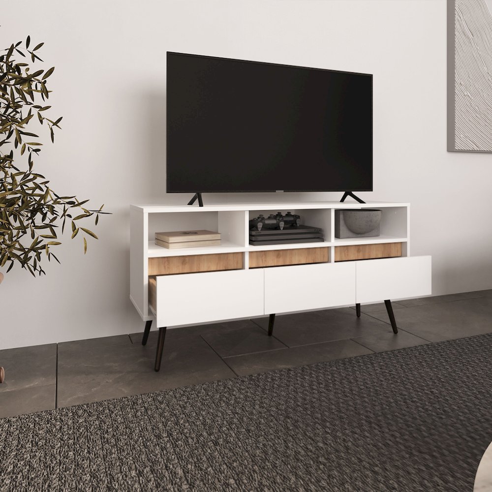 Barrow TV Stand, 3 Drawers, 3 Shelves, White / Natural Oak. Picture 7