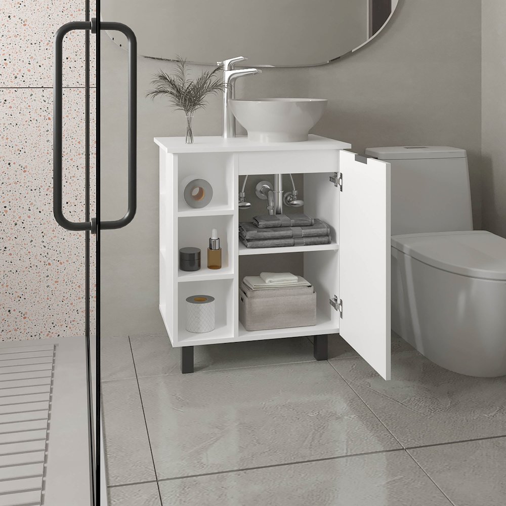 Dobson Vanity Sink, 1 Door, 4 Legs, 5 Shelves, White. Picture 8