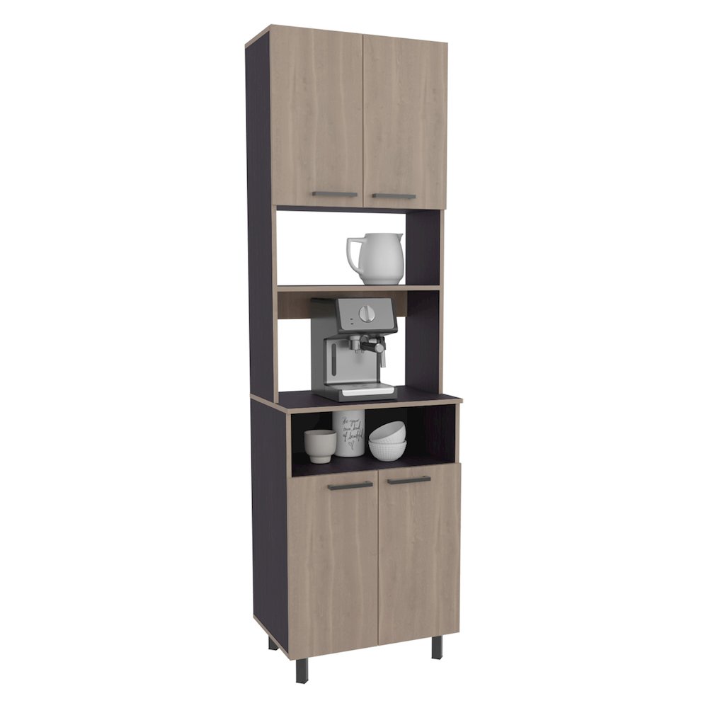 Zena Kitchen Pantry, 4 Doors, 4 Legs, 4 Shelves, White Oak / Black Wengue. Picture 3