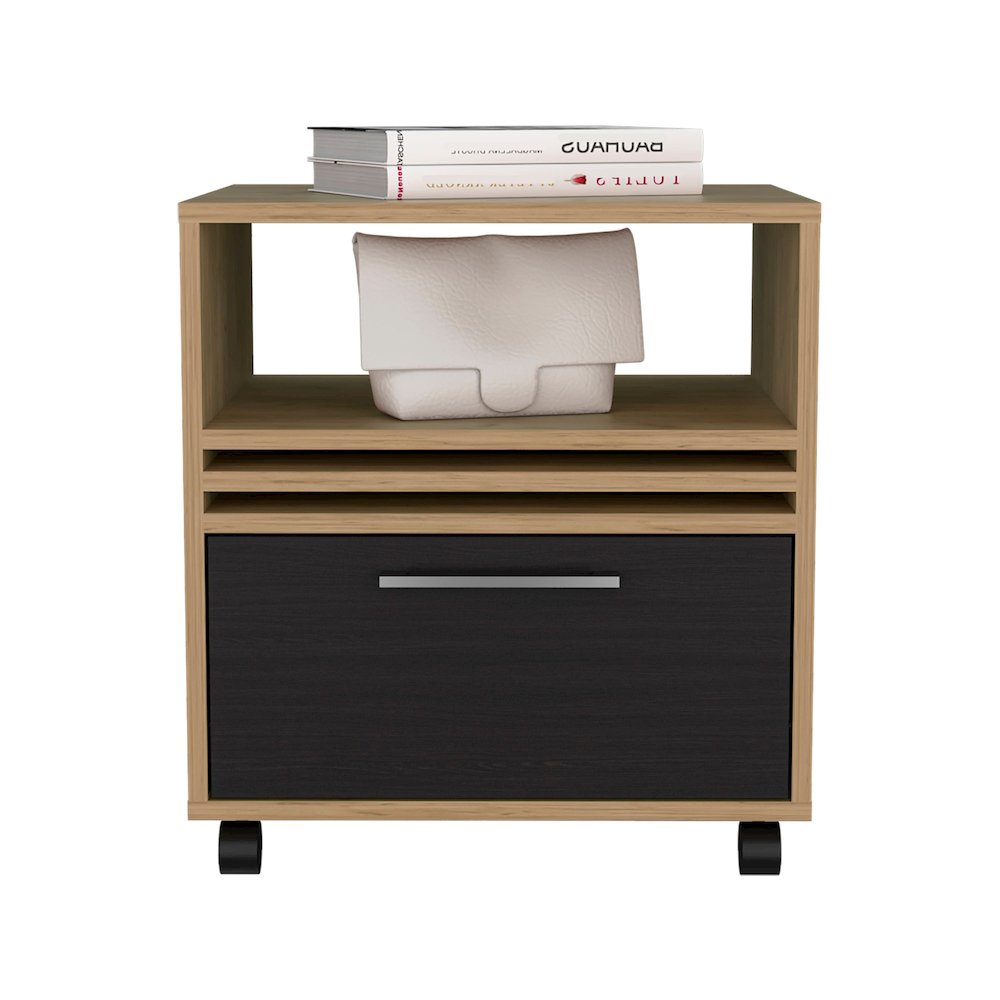 Alsen Nightstand, 1 Drawer, 4 Wheels, 1 Shelf, Natural Oak / Black. Picture 1