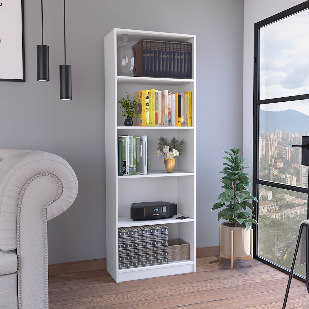 Vinton 4-Tier Bookcase with Modern Storage for Books and Decor, White -Office. Picture 6