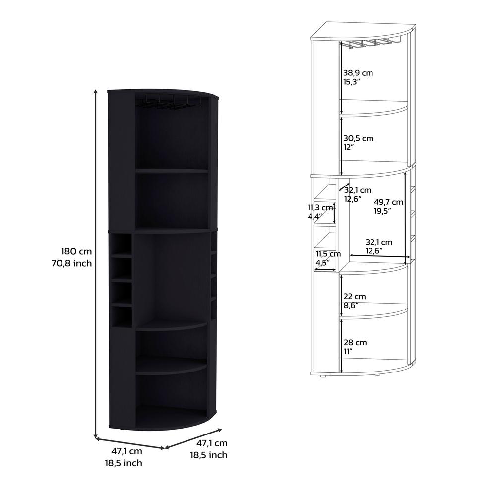 71" Corner Bar Cabinet with Five Shelves, Eight Bottle Cubbies and Stemware. Picture 5