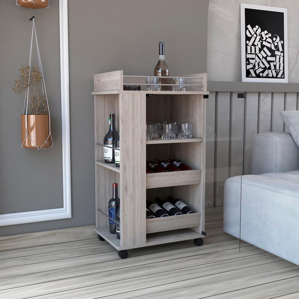 Lansing Bar Cart with Glass Door, 2-Side Shelves and Casters, Light Gray. Picture 5