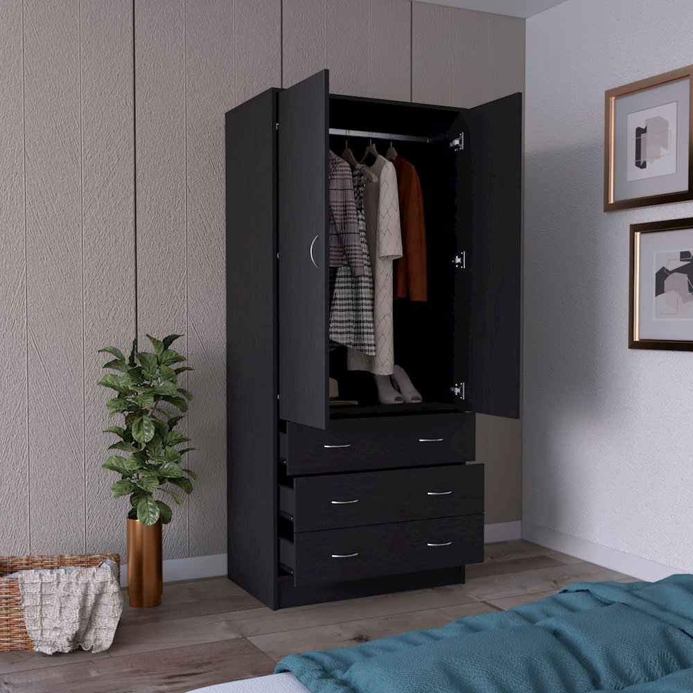 Armoire 71" H, with 2 doors, 3 drawers and 1 hanging rod, Black. Picture 5