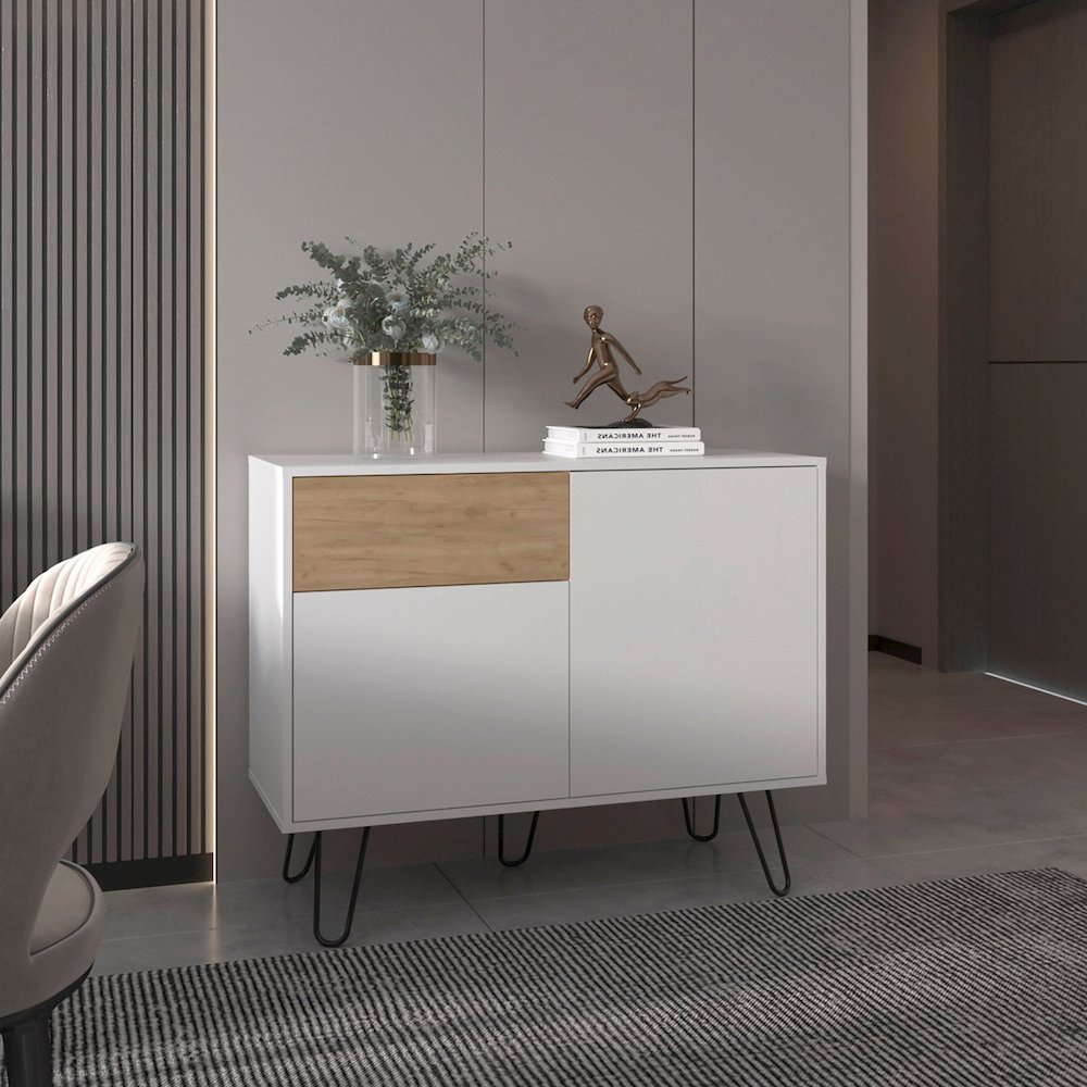 Chelan Sideboard, 2 Doors, 1 Drawer, 4 Shelves, White / Natural Oak. Picture 6