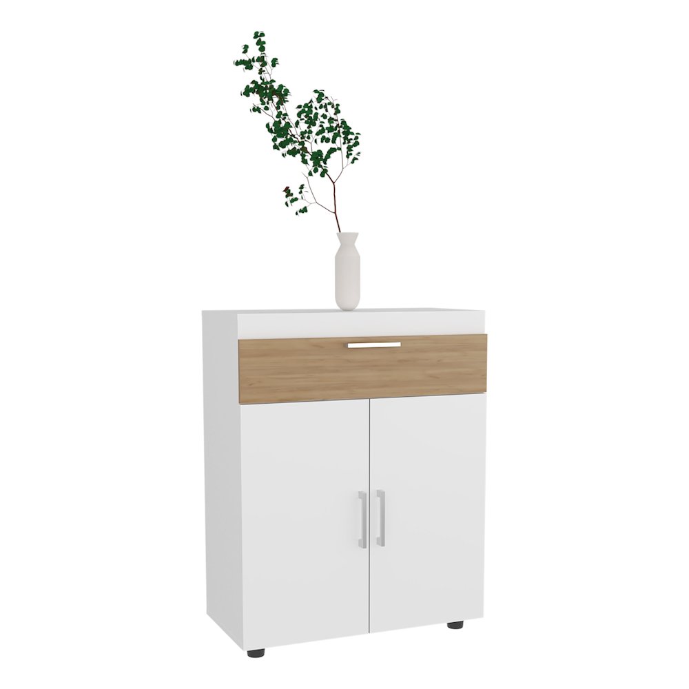 Ubly Shoe Rack, 3 Doors, 3 Shelves, 4 Legs, White / Natural Oak. Picture 3