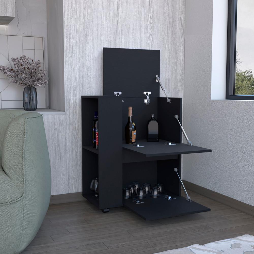 Tully Bar Cart Two Pull-Down Door Cabinets and Two Open Shelves,Black. Picture 7