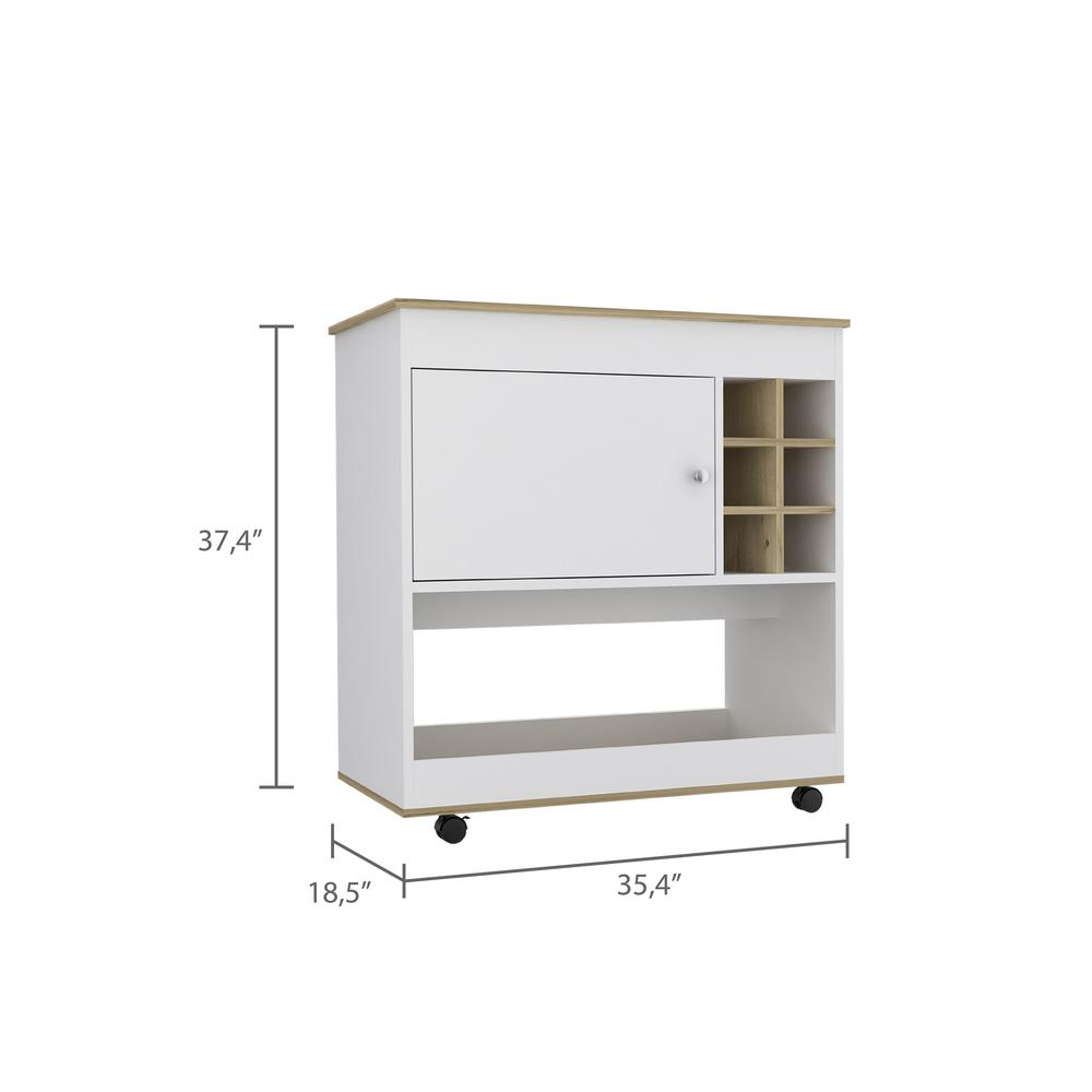 DEPOT E-SHOP Lotus Bar Cart-Six Bottle Cubbies, One Cabinet, Countertop, Lower Panel, Four Casters-White/Light Oak, For Livingroom. Picture 3