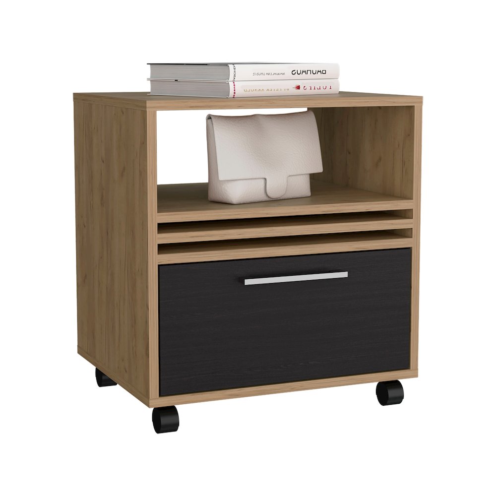 Alsen Nightstand, 1 Drawer, 4 Wheels, 1 Shelf, Natural Oak / Black. Picture 4