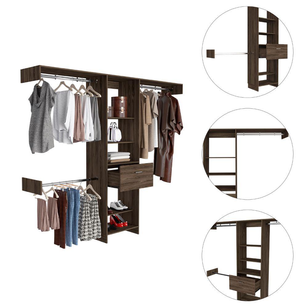 DEPOT E-SHOP Brisk Closet System, One Drawer, Three Metal Rods, Five Open Shelves-Dark Walnut, For Bedroom. Picture 3