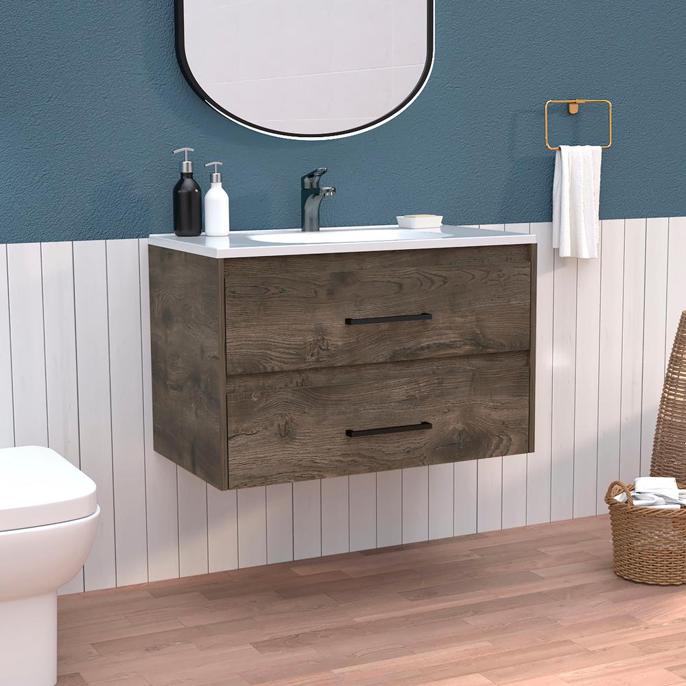 Cardova Floating Vanity Bathroom with 2-Drawers, Dark Brown / White. Picture 6