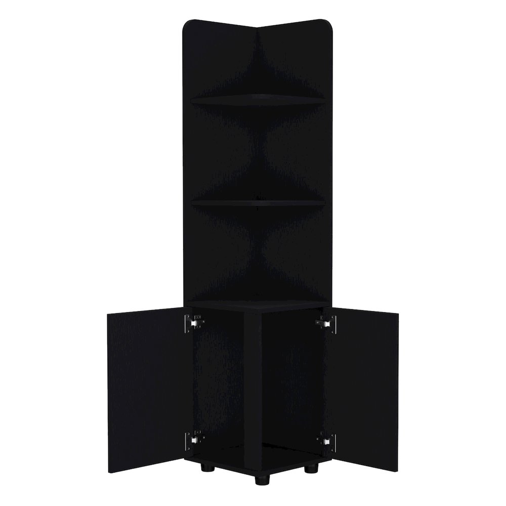 62H" Tall Corner Cabinet with 3-Tier Shelf and 2-Door, Black. Picture 2