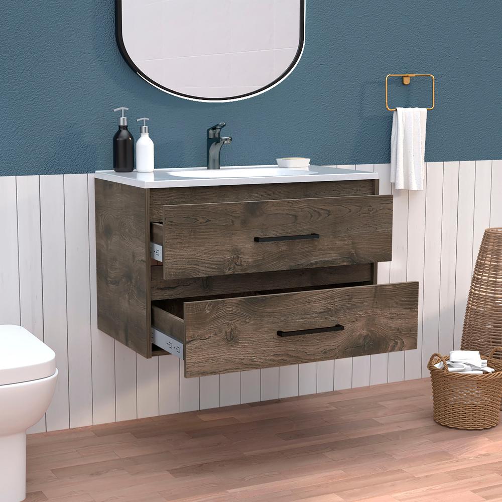 Cardova Floating Vanity Bathroom with 2-Drawers, Dark Brown / White. Picture 7