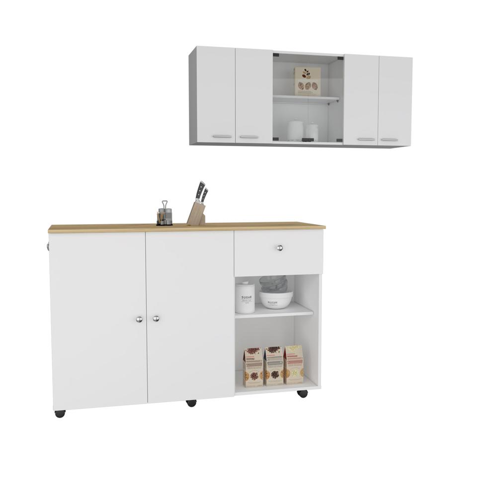 Tigard 2 Piece Kitchen Set, Syros Kitchen Island Cart + 150 Wall Cabinet Glass. Picture 1