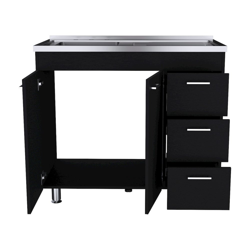 Base Double Door Cabinet, Three Drawers, Black. Picture 2