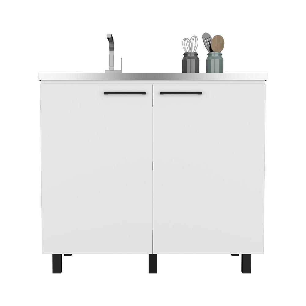 DEPOT E-SHOP Salento 2 Freestanding Utility Base Cabinet with Stainless Steel Countertop and 2-Door, White. Picture 3