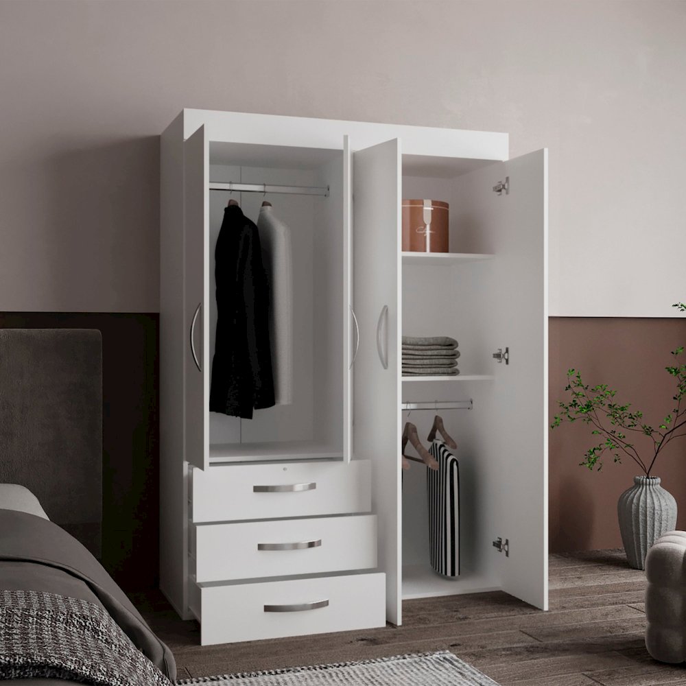 Hamilton Mobile Armoire, Double Door Cabinet, Three Drawers, Two Shelves, White. Picture 7