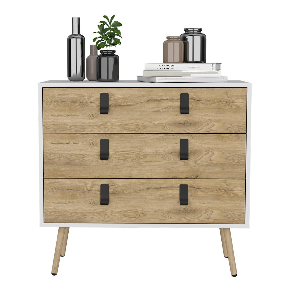 Toka 3 Drawers Dresser with Handles and Wooden Legs, White / Macadamia -Bedroom. Picture 4