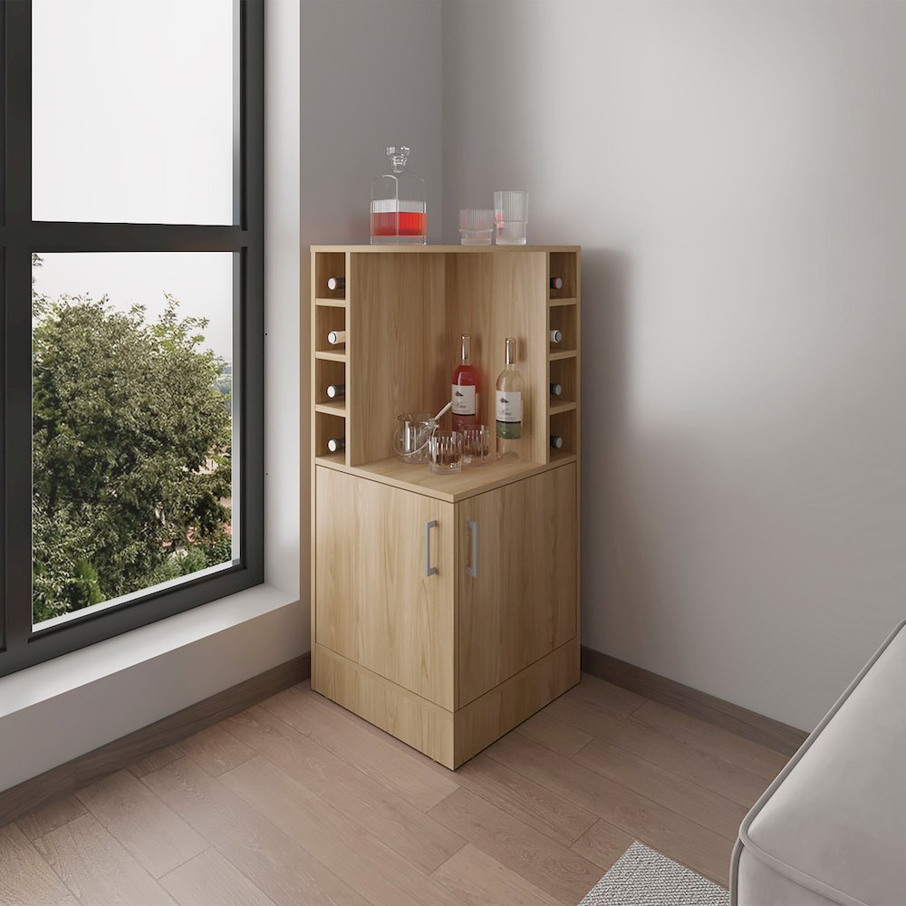 norwich Bar Cabinet, 2 Doors, 8 Wine Bottle Compartments, Natural Oak. Picture 5