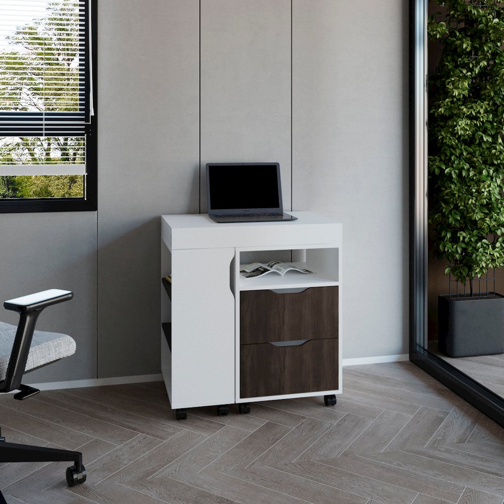 Odessa Extendable Desk, 2 Drawers, 4 Shelves, 4 Wheels, White/Walnut. Picture 6