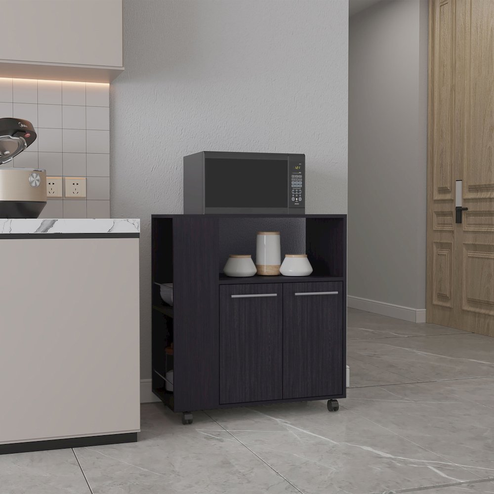 Bremerton Kitchen Cart, 2 Doors, 3 Shelves, 4 Wheels, Black Wengue. Picture 6