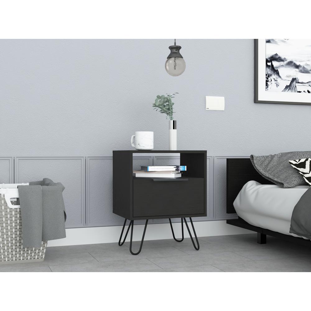 DEPOT E-SHOP Begonia Night Stand-Two Shelves, One-Door Drawer, Four Steel Legs-Black, For Bedroom. Picture 5