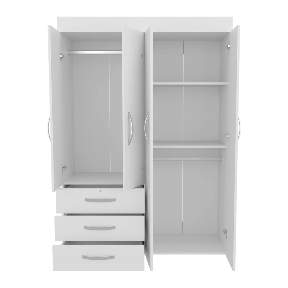 Hamilton Mobile Armoire, Double Door Cabinet, Three Drawers, Two Shelves, White. Picture 1