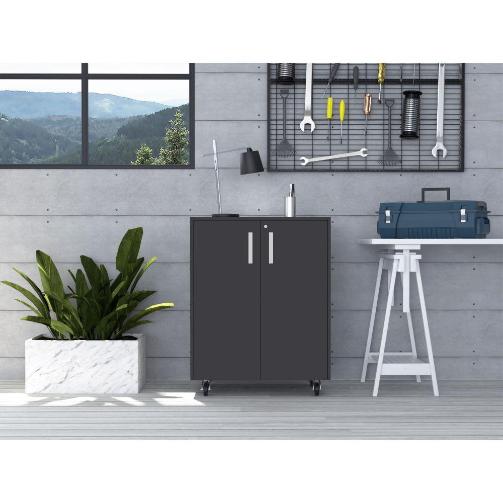 DEPOT E-SHOP Hartford Storage Cabinet, Two-Door Cabinet, Two Internal Shelves, Caster Wheels, Padlock With Key-Black, For Garage. Picture 1