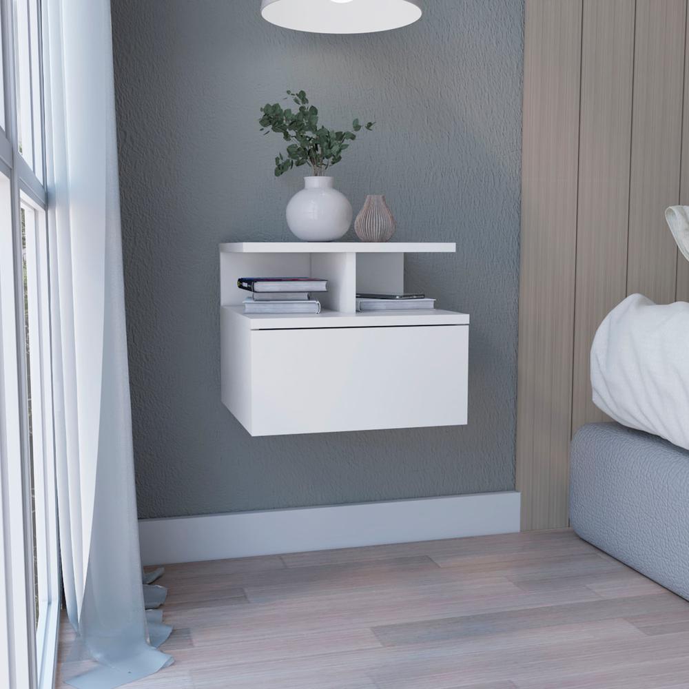 DEPOT E-SHOP Seward Floating Nightstand, Wall Mounted with Single Drawer and 2-Tier Shelf, White. Picture 5