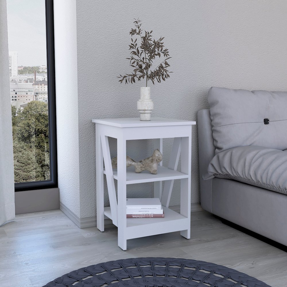 3-Tier End Table/Nightstand, Side Table for Small Space, White. Picture 5