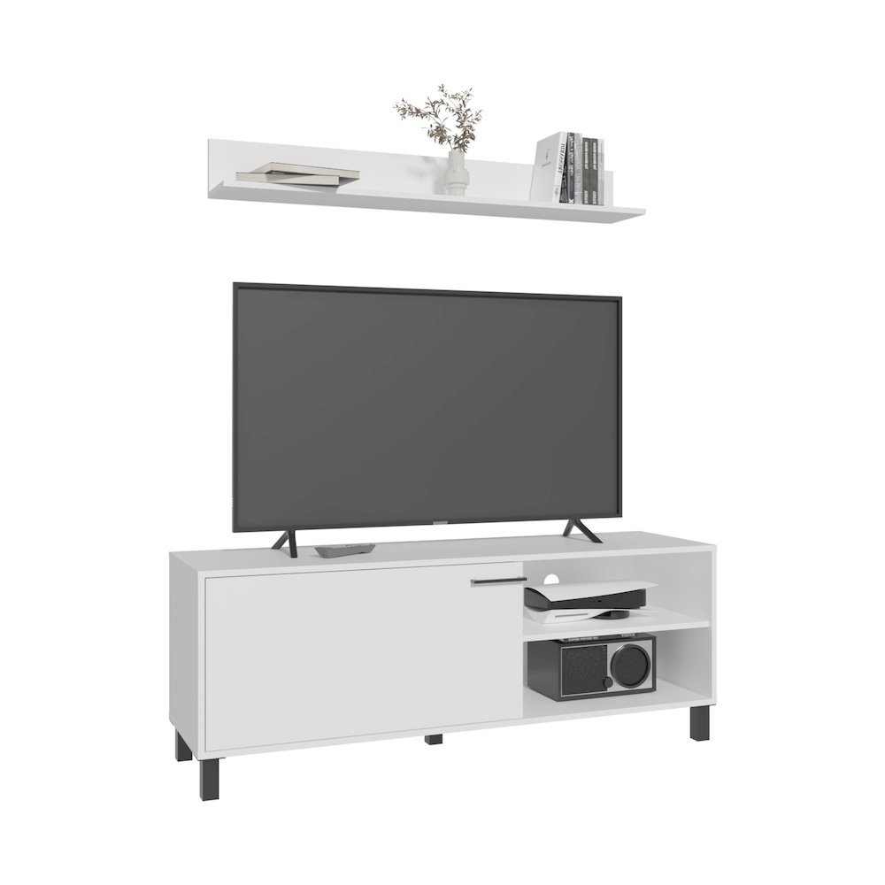Novi Living Room Set, Tv Stand + Wall Shelf, 1 Door, 3 Shelves, White. Picture 3