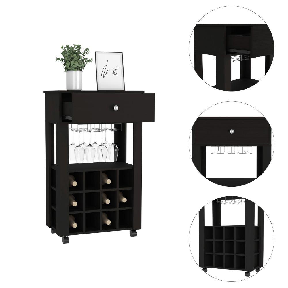 DEPOT E-SHOP Margh Bar Cart, Twelve Wine Cubbies, Four Legs, One Open Shelf, Countertop- Black, For Kitchen. Picture 3