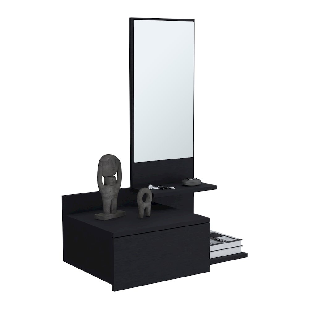 Sitka Floating Hallway Cabinet, 1 Drawer, 3 Shelves, 1 Mirror, Black. Picture 1