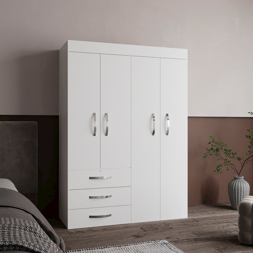 Hamilton Mobile Armoire, Double Door Cabinet, Three Drawers, Two Shelves, White. Picture 6