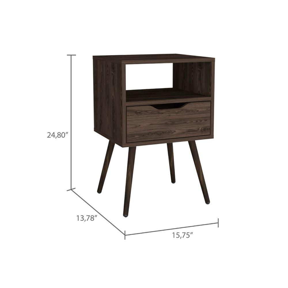 DEPOT E-SHOP Emma Nightstand, Countertop, Four Legs, One Open Shelf, One Drawer-Dark Walnut, For Bedroom. Picture 4